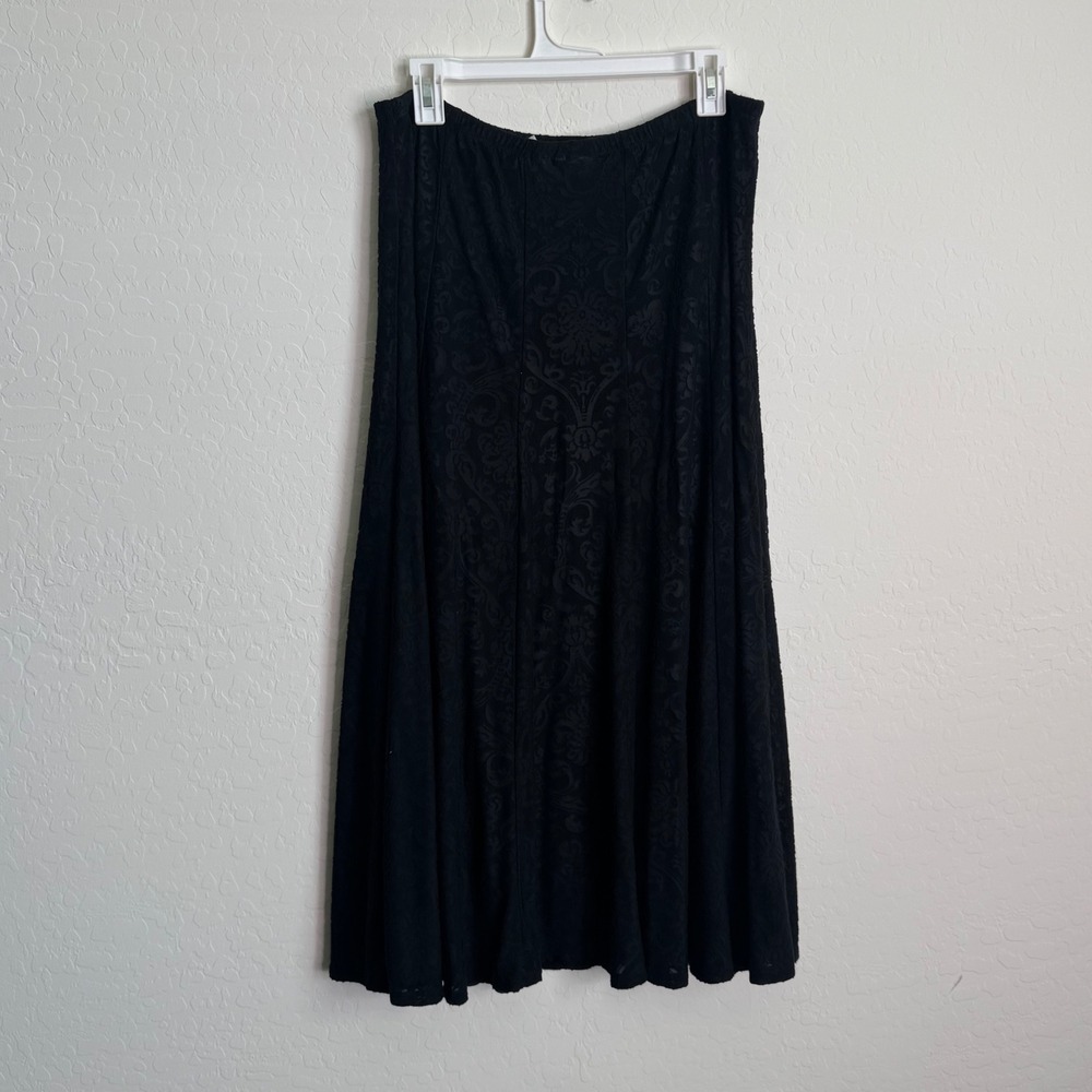 Chicos Black Damask Burnout Midi Skirt Elastic Waist Lined Sz L USA Whimsigoth - Picture 8 of 11